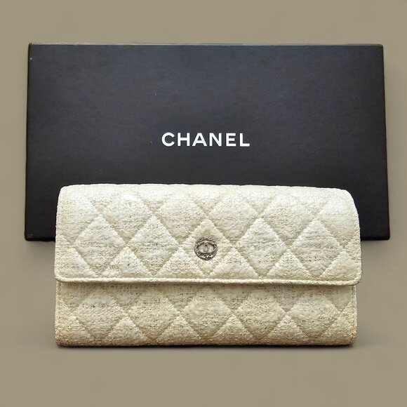 CHANEL Coco Mark Coated Tweed CC Long Wallet Zip Flap White Textured Italy +Box - Picture 1 of 16
